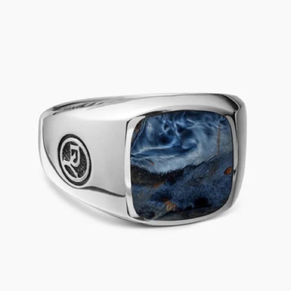 David Yurman Silver Signet Ring with Blue Pietersite